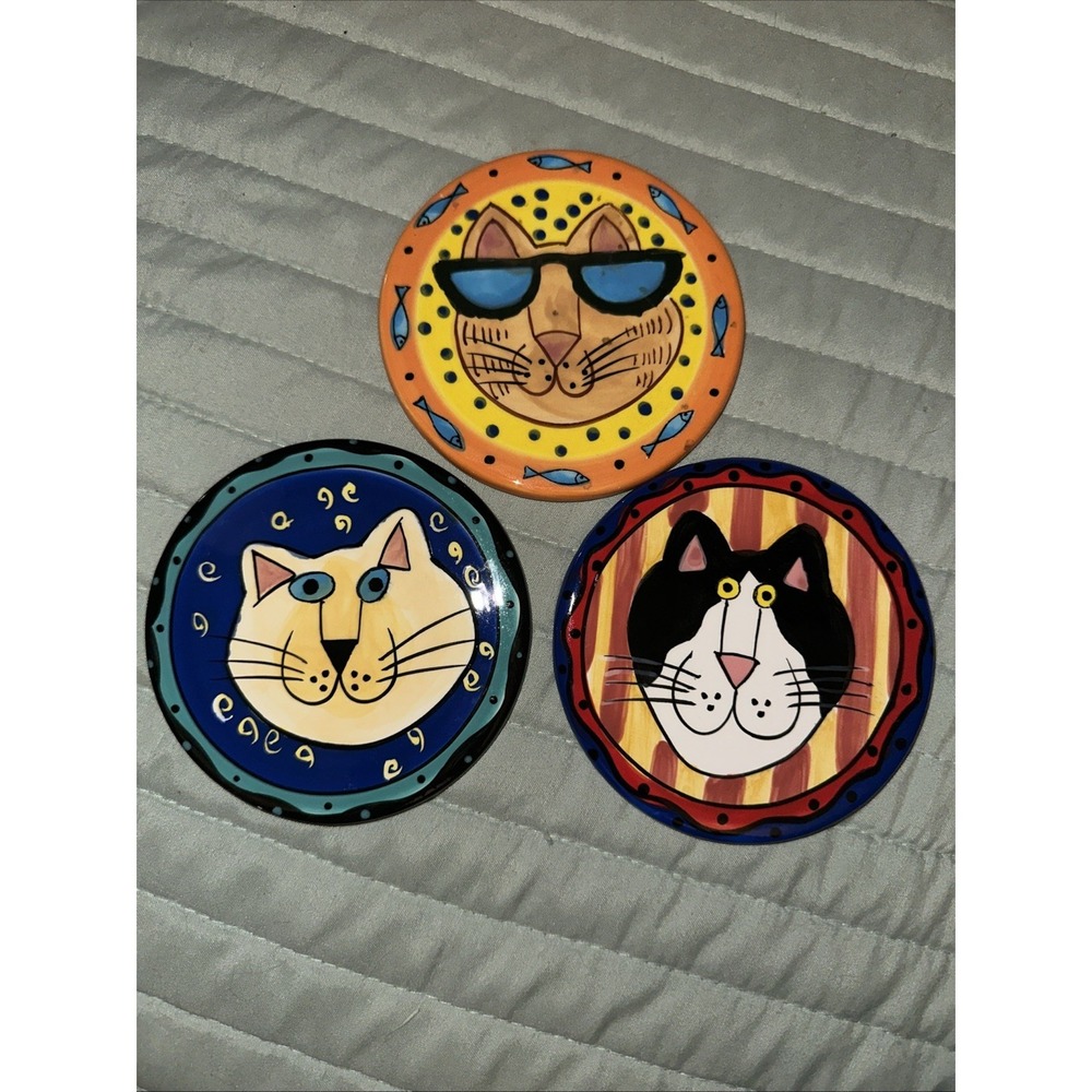Candace Reiter Catzilla Set: 3 Colorful Vintage Ceramic 4" Coasters Big On Cats